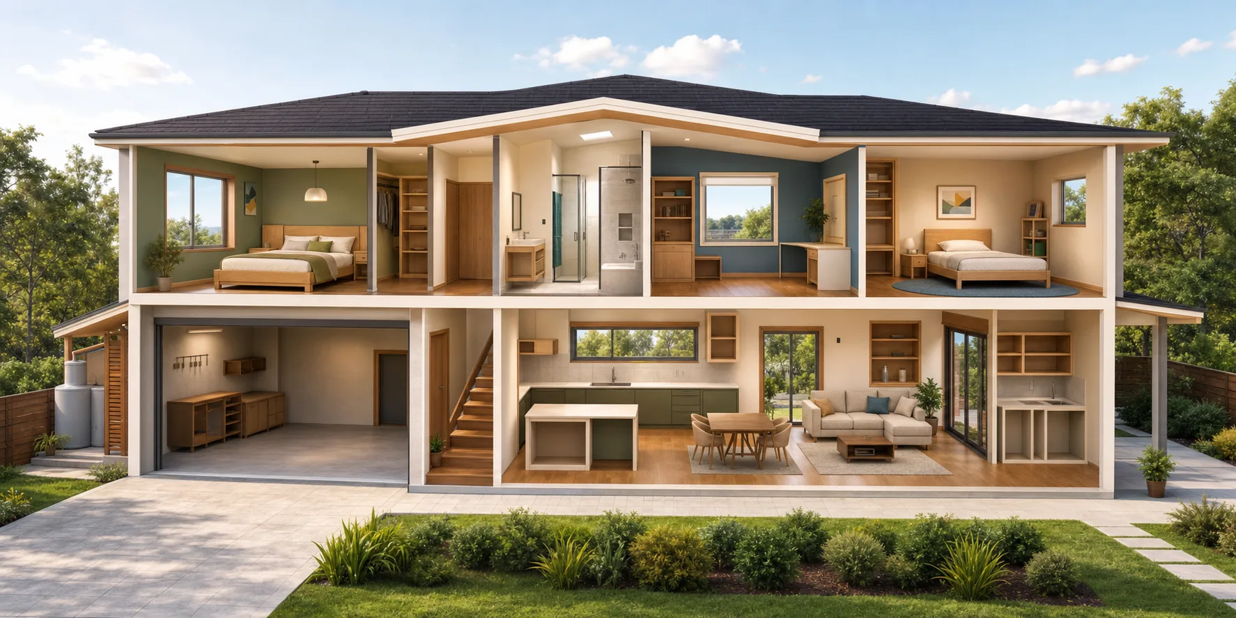 Two-storey cutaway home with clear rooms for positioning household appliances.